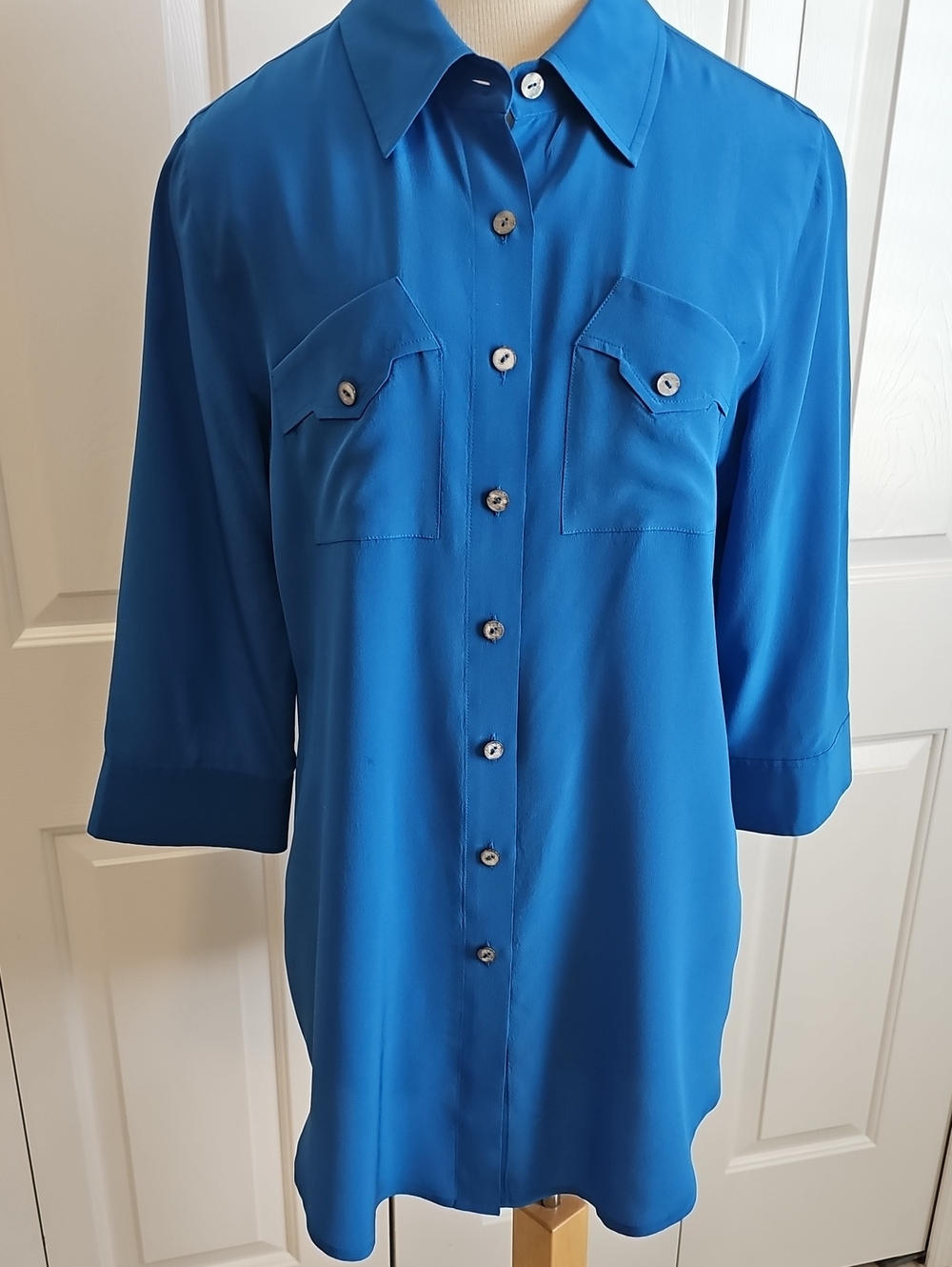 Soft Surroundings Utility Blouse Womens Size L Blue 3/4 Sleeve Button Down Shirt